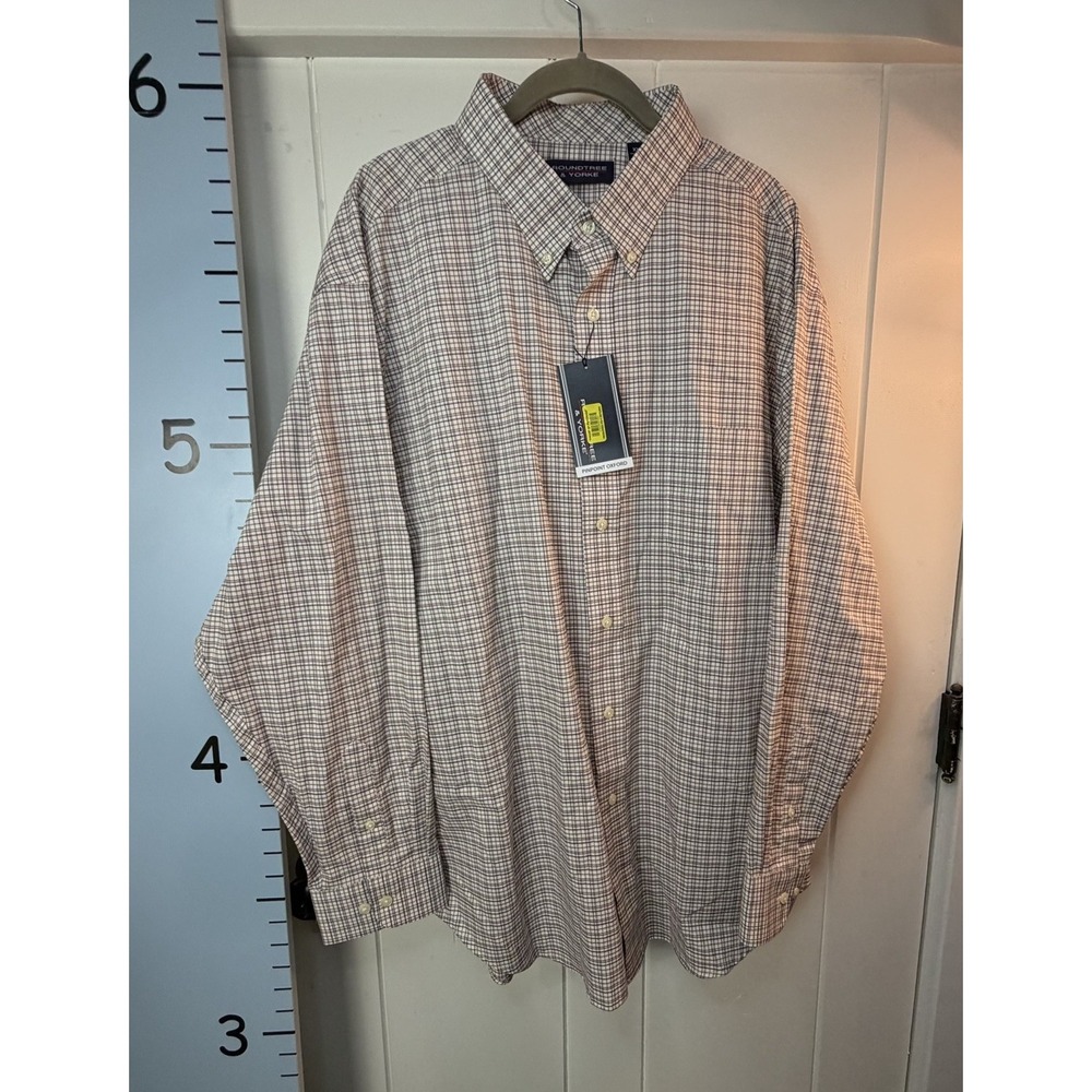 Roundtree & Yorke Pinpoint Oxford Tan Plaid Mens Button-Down Shirt XXL Preppy